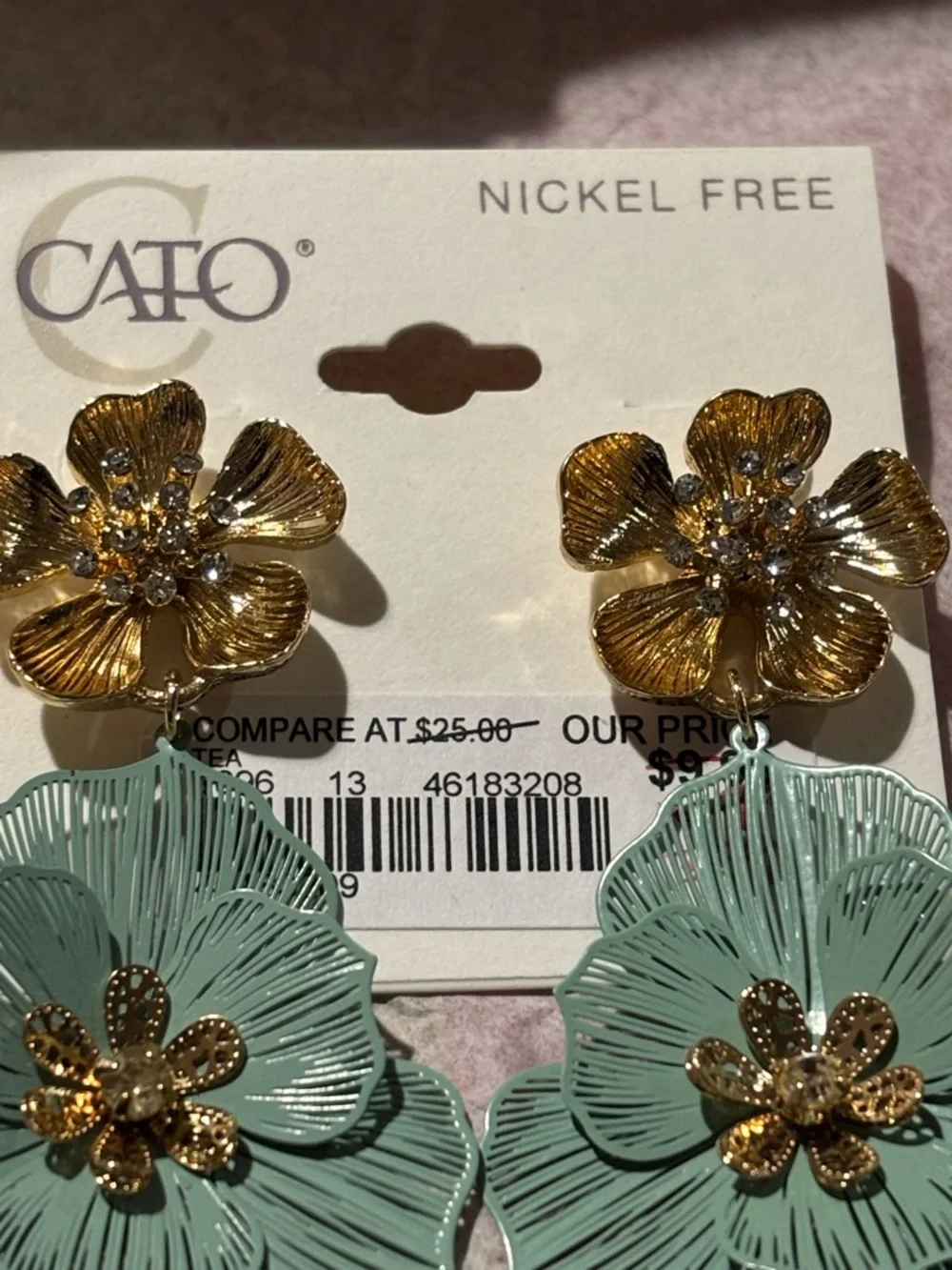 Cato Mint Green and Gold Layered Floral Drop Earrings - Picture 4 of 6
